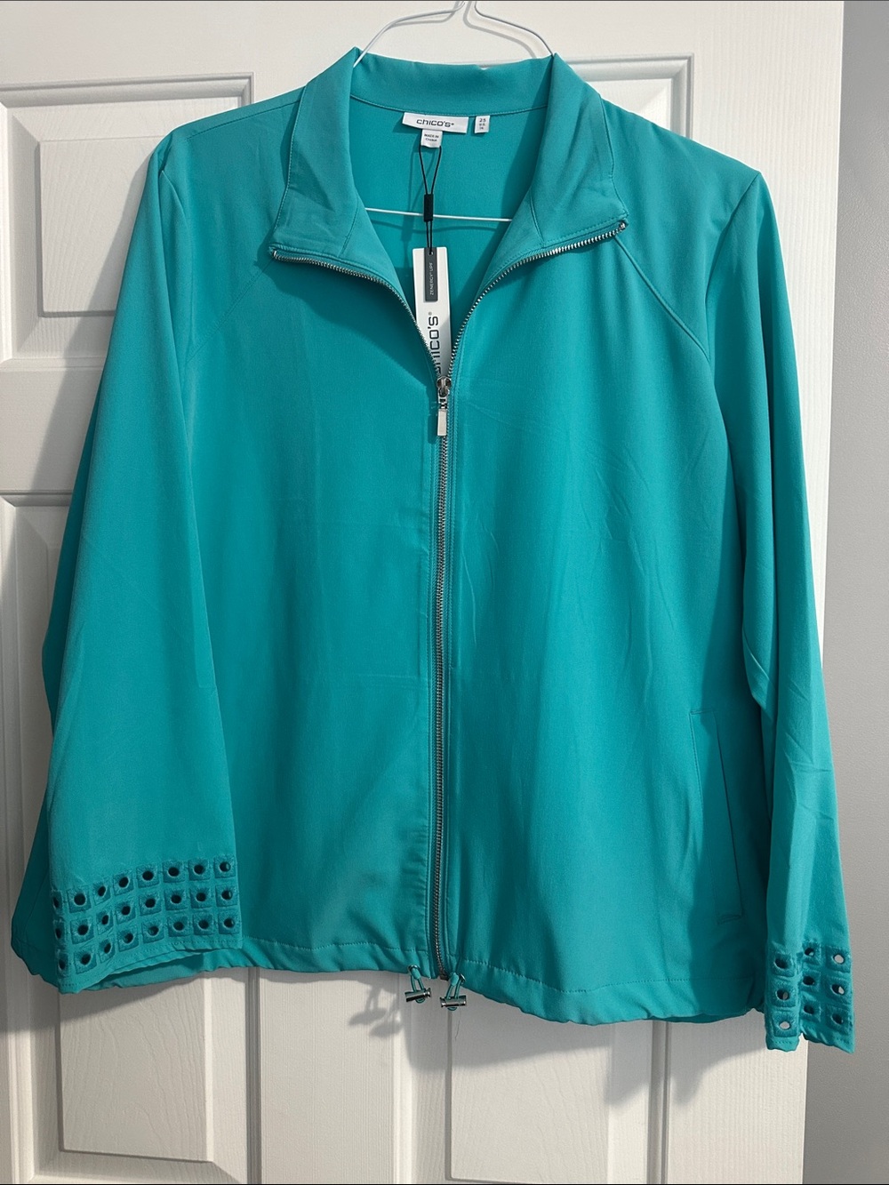 NWT Chico's Teal Zip-Up decorative cuff Jacket size 2.5